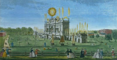 Vista en perspectiva del edificio para los fuegos artificiales en el Green Park, grabado por Paul Angier, 1749 de Richard Brookes